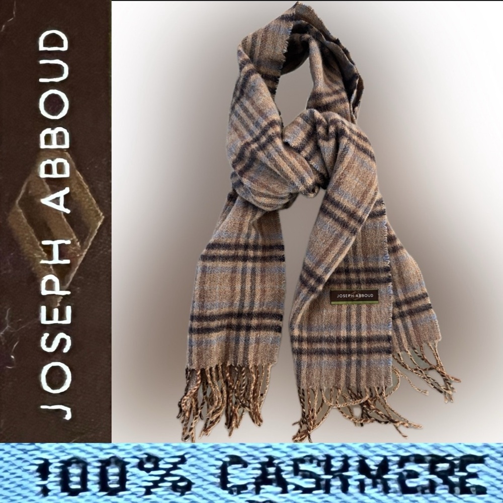 🐑Dark Tan + Black Brown & Blue Plaid Cashmere Scarf by Joseph Abboud